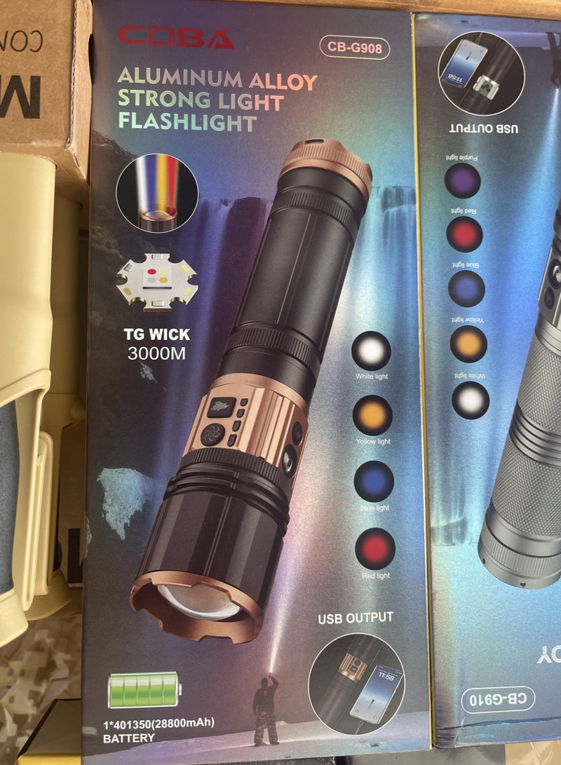 مصباح يدوي LED قابل لإعادة الشحن COBA CB-G908 مدى طويل 3000م، وظيفة بنك الطاقة، ضوء جانبي COB، عرض رقمي للبطارية، مصباح من سبائك الألمنيوم